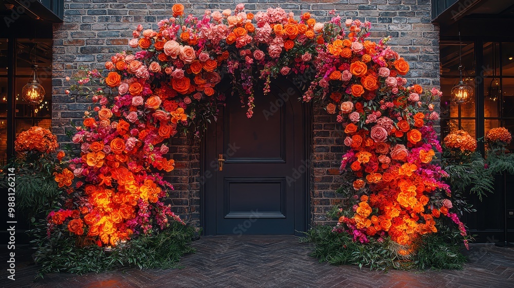 Floral Archway Entrance with Brick Wall and Door Floral Archway Entrance with Brick Wall and Door