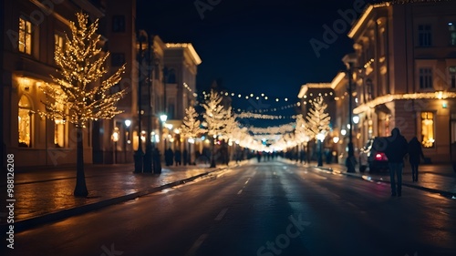 Christmas Town Lights Background, Night Blurred City Street with Lightning and Bokeh" 