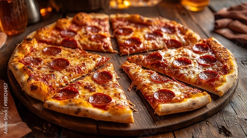 A family-style pizza feast, featuring pepperoni pizza slices on a wooden table, with napkins and drinks scattered around. The pizzas are golden and crispy, the melted cheese bubbling, with soft,