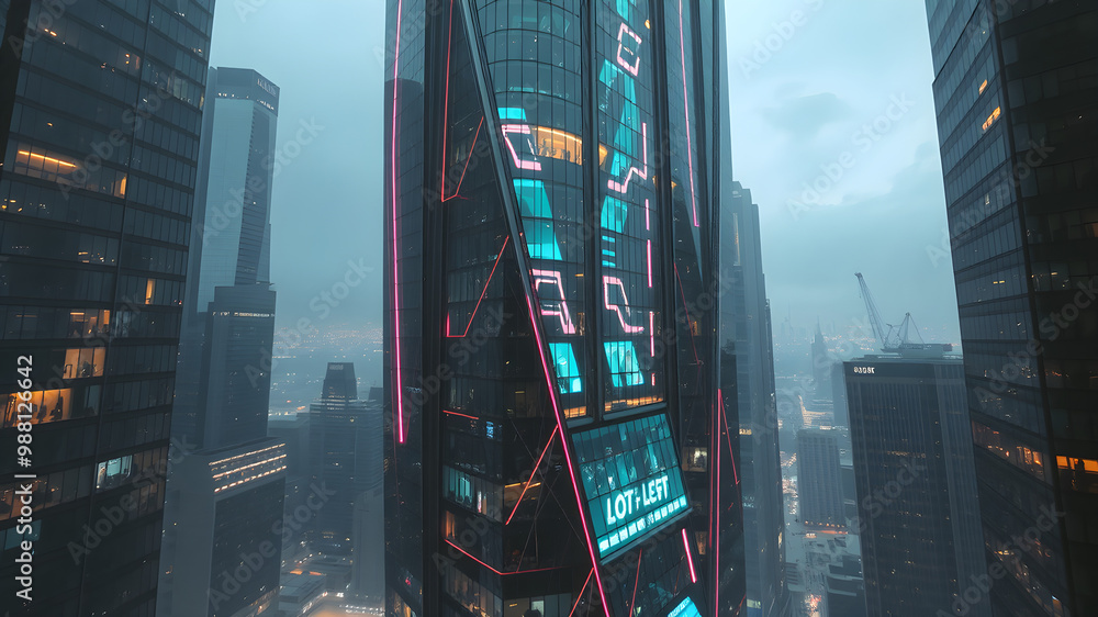 Obraz premium Futuristic Cityscape with Neon-Lit Skyscraper