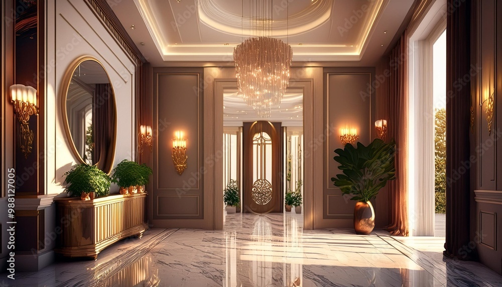 Luxurious entryway with marble flooring and grand mirror for a sophisticated look Luxurious entryway with marble flooring and grand mirror for a sophisticated look