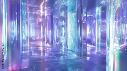 Abstract Holographic Room Interior with Iridescent Walls and Floor.