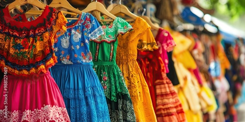 Colorful dresses hanging in the market, traditional Mexican dress styles