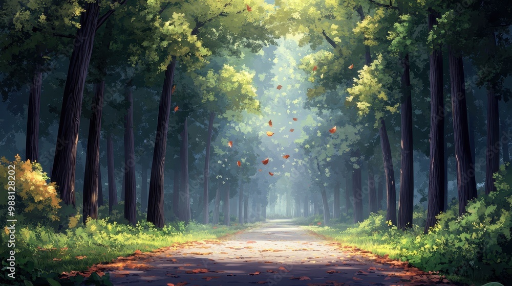 Sunlit Path Through a Forest With Falling Autumn Leaves. Sunlit Path Through a Forest With Falling Autumn Leaves.