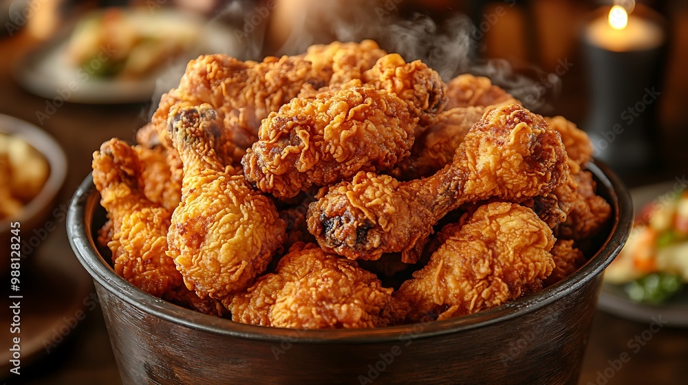 A large bucket of freshly fried chicken, overflowing with golden, crispy pieces, each coated with a crunchy texture. Warm lighting enhances the steam and crispiness, A large bucket of freshly fried chicken, overflowing with golden, crispy pieces, each coated with a crunchy texture. Warm lighting enhances the steam and crispiness,