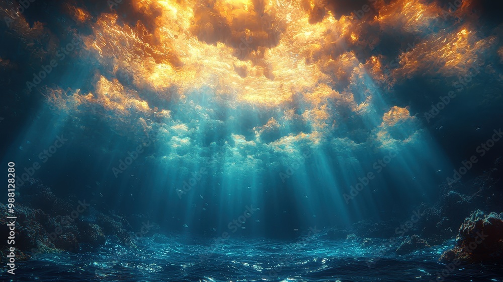Underwater Scene with Sunbeams and Golden Clouds Underwater Scene with Sunbeams and Golden Clouds