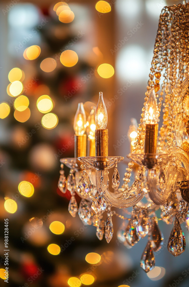 A Chandelier with Christmas Decorations in the Background for a Luxurious and Festive Holiday Setting A Chandelier with Christmas Decorations in the Background for a Luxurious and Festive Holiday Setting