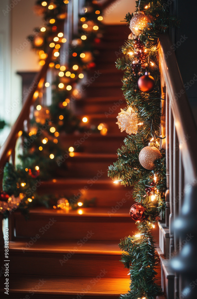 A Staircase with Christmas Decorations in the Background Festive Holiday Decor A Staircase with Christmas Decorations in the Background Festive Holiday Decor