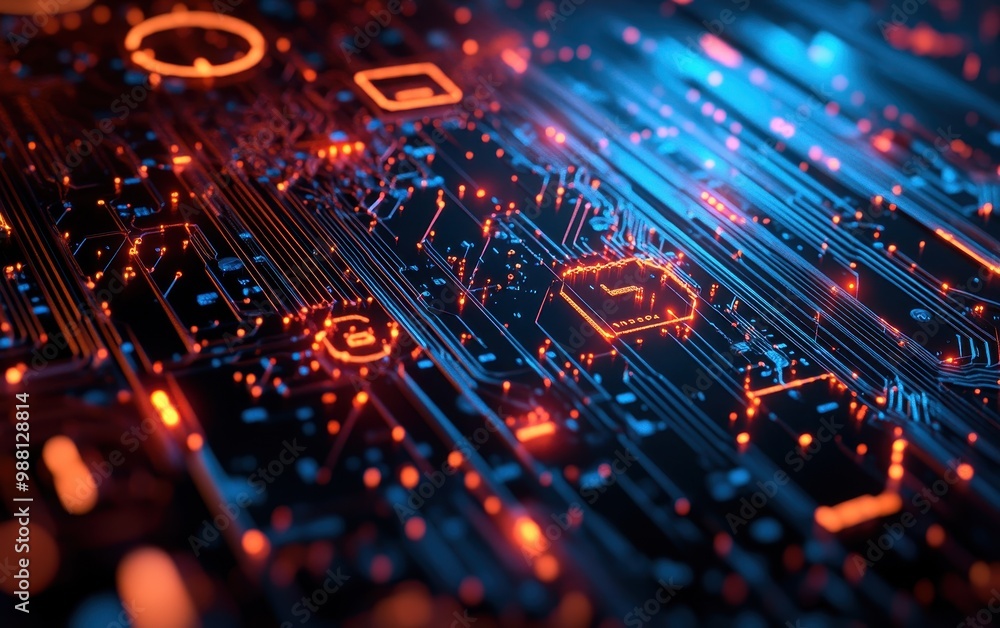 Abstract Circuit Board with Glowing Red and Blue Lines - Technology Background Abstract Circuit Board with Glowing Red and Blue Lines - Technology Background