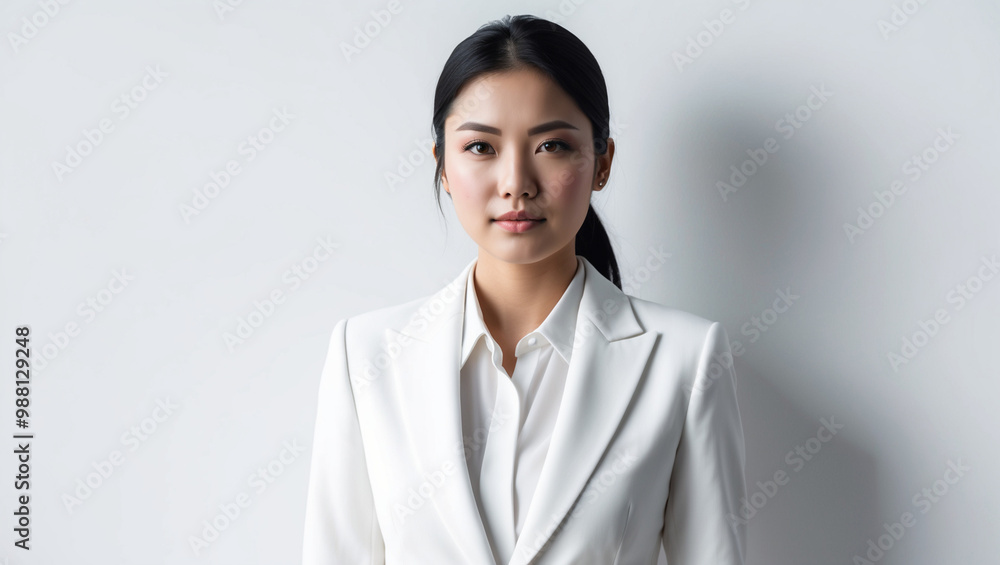 Close up young businesswoman wearing white suit isolated on white background Close up young businesswoman wearing white suit isolated on white background