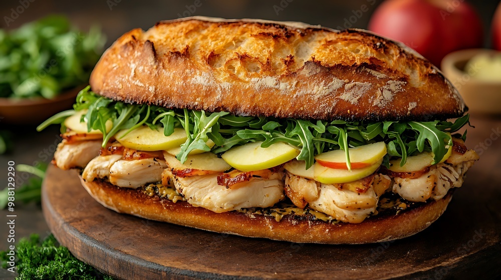 A perfectly crafted gourmet sandwich with roasted chicken, creamy brie cheese, arugula, and sliced apples, served on warm artisan bread. The sandwich is photographed from a side angle, A perfectly crafted gourmet sandwich with roasted chicken, creamy brie cheese, arugula, and sliced apples, served on warm artisan bread. The sandwich is photographed from a side angle,