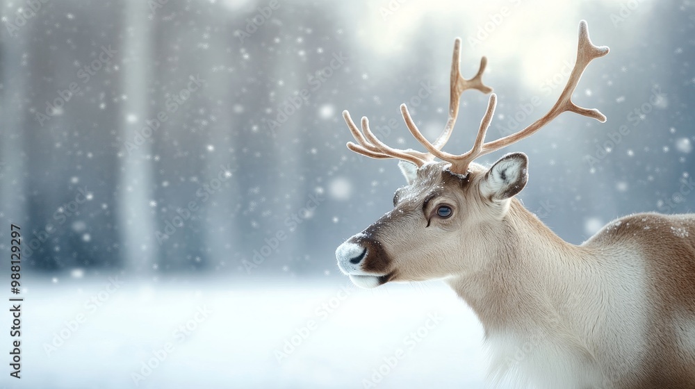 A close-up of a reindeer standing in a snowy forest, with soft falling snowflakes, showcasing the beauty of the winter season. The reindeer's gentle gaze and the serene atmosphere evoke a sense of tra A close-up of a reindeer standing in a snowy forest, with soft falling snowflakes, showcasing the beauty of the winter season. The reindeer's gentle gaze and the serene atmosphere evoke a sense of tra