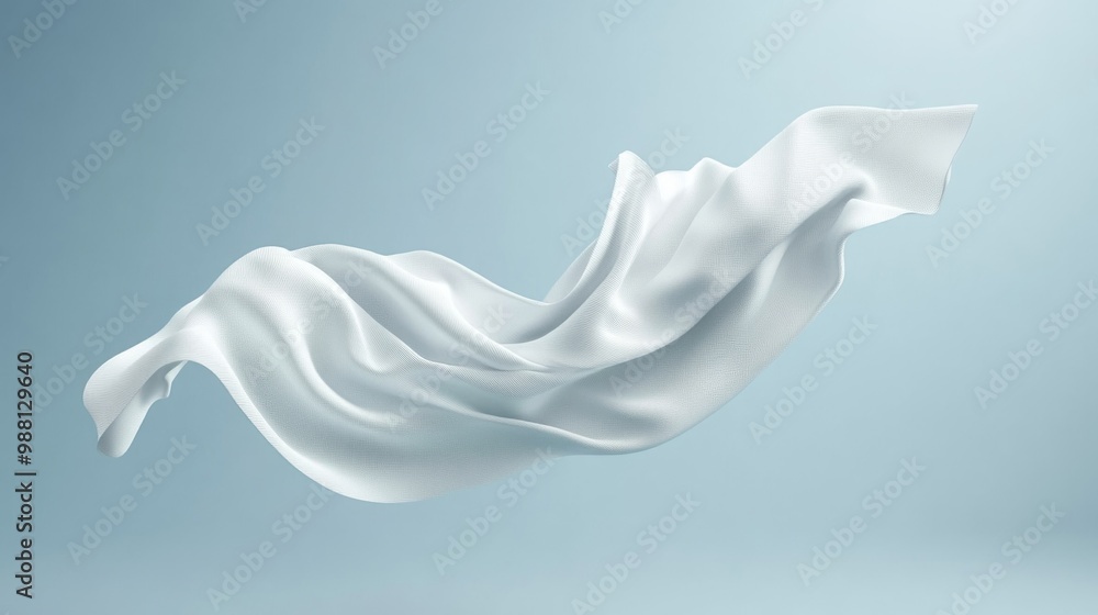 Elegant White Fabric Flowing in Breeze on Blue Background Elegant White Fabric Flowing in Breeze on Blue Background