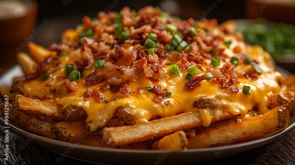 A plate of loaded cheese fries, the fries golden and crisp, smothered in melted cheddar cheese, crunchy bacon bits, and fresh green onions. The warm light accentuates the toppings, A plate of loaded cheese fries, the fries golden and crisp, smothered in melted cheddar cheese, crunchy bacon bits, and fresh green onions. The warm light accentuates the toppings,