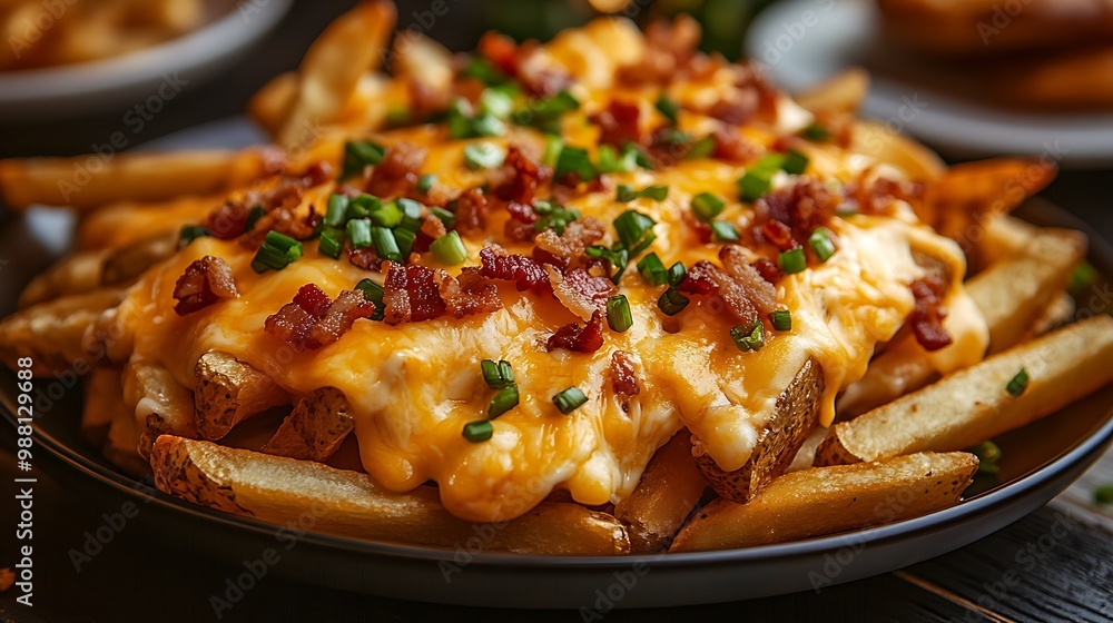 A plate of loaded cheese fries, the fries golden and crisp, smothered in melted cheddar cheese, crunchy bacon bits, and fresh green onions. The warm light accentuates the toppings, A plate of loaded cheese fries, the fries golden and crisp, smothered in melted cheddar cheese, crunchy bacon bits, and fresh green onions. The warm light accentuates the toppings,