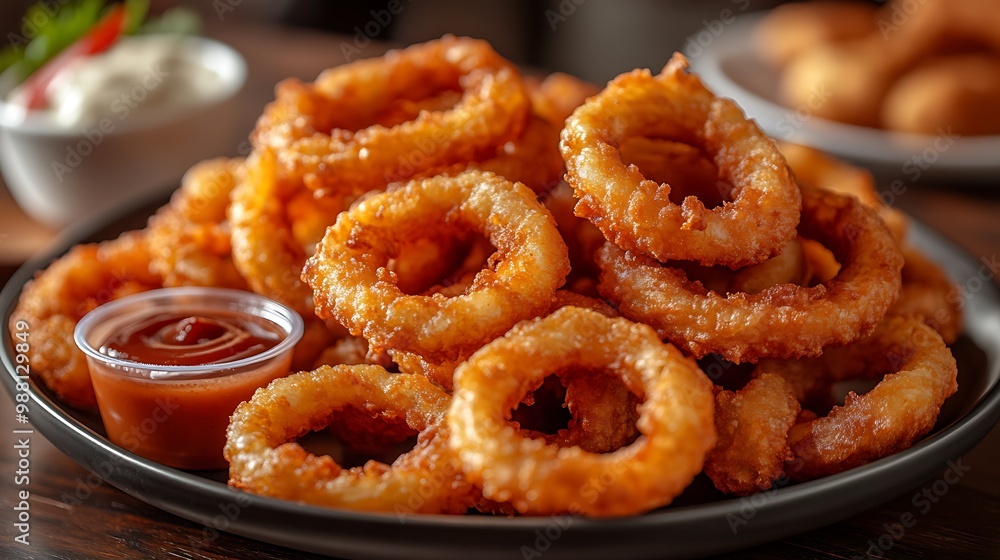 A plate overflowing with hot, crispy onion rings, each perfectly golden-brown, served with a dipping sauce. The background features a softly blurred casual diner setting, A plate overflowing with hot, crispy onion rings, each perfectly golden-brown, served with a dipping sauce. The background features a softly blurred casual diner setting,