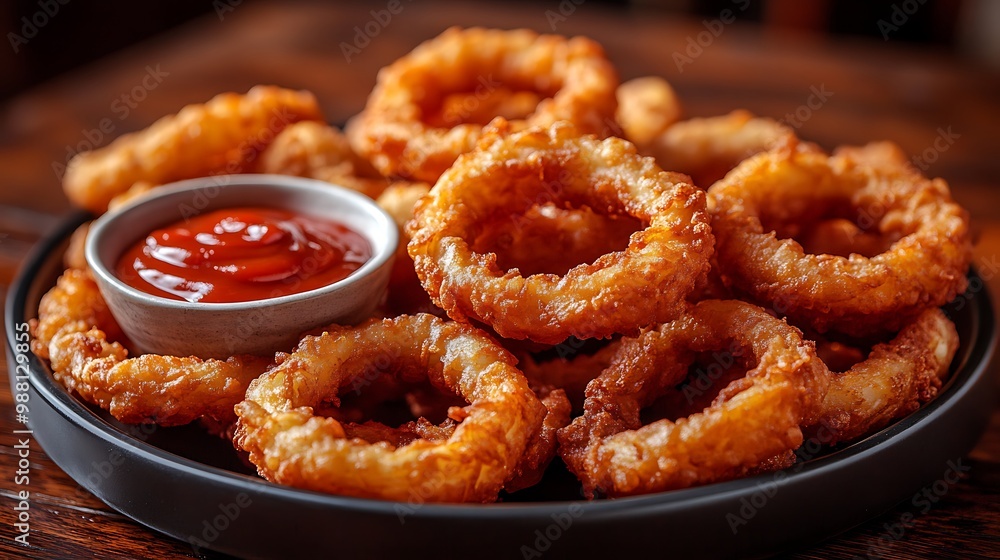 A plate of perfectly fried onion rings, crispy and golden, served with a tangy dipping sauce. The texture of the onion rings is highlighted by warm lighting, A plate of perfectly fried onion rings, crispy and golden, served with a tangy dipping sauce. The texture of the onion rings is highlighted by warm lighting,