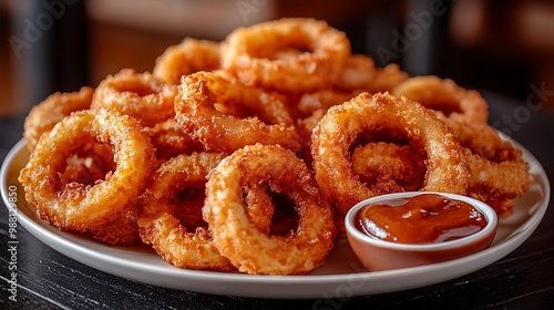 A plate overflowing with hot, crispy onion rings, each perfectly golden-brown, served with a dipping sauce. The background features a softly blurred casual diner setting,