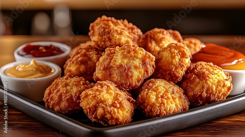 A platter of golden chicken nuggets served with a trio of dipping sauces, the texture of the nuggets highlighted under warm lighting. The background features a softly blurred fast-food counter,