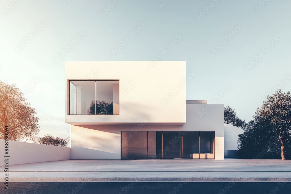 A minimalist white cube house with large windows and a rooftop terrace A minimalist white cube house with large windows and a rooftop terrace