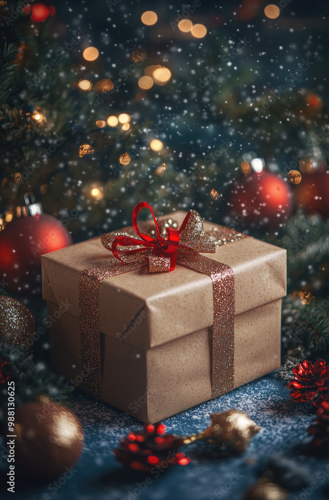 A Gift Box with Christmas Decorations in the Background for a Festive and Elegant Holiday Present A Gift Box with Christmas Decorations in the Background for a Festive and Elegant Holiday Present