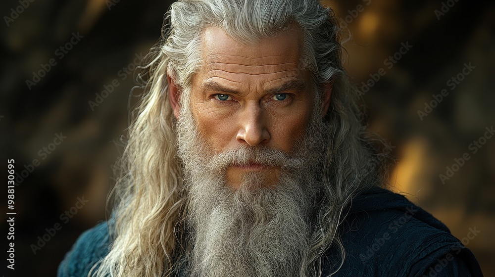 Portrait of a Man with Long White Hair and Beard Close up Serious Expression Portrait of a Man with Long White Hair and Beard Close up Serious Expression