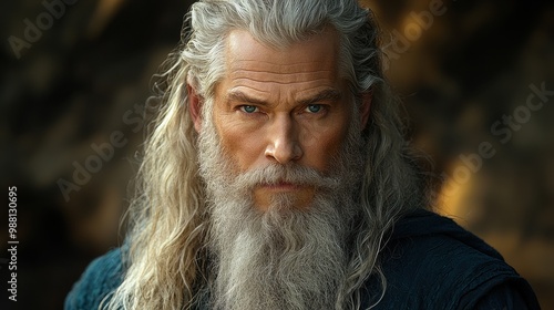 Portrait of a Man with Long White Hair and Beard Close up Serious Expression