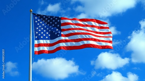 American Flag Waving in Blue Sky with Clouds