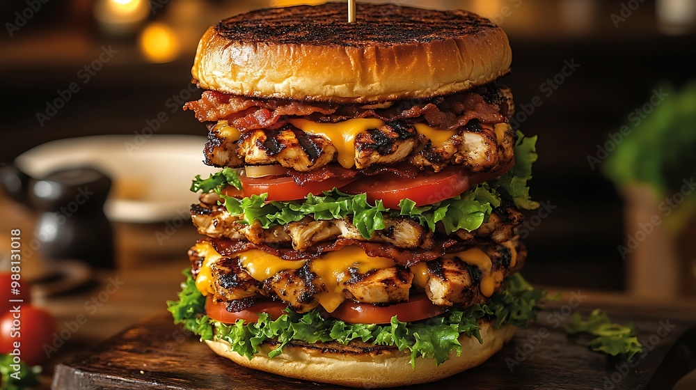 A stacked sandwich tower overflowing with layers of grilled chicken, crispy bacon, lettuce, tomatoes, and melted cheese. The sandwich is held together with a long skewer, A stacked sandwich tower overflowing with layers of grilled chicken, crispy bacon, lettuce, tomatoes, and melted cheese. The sandwich is held together with a long skewer,