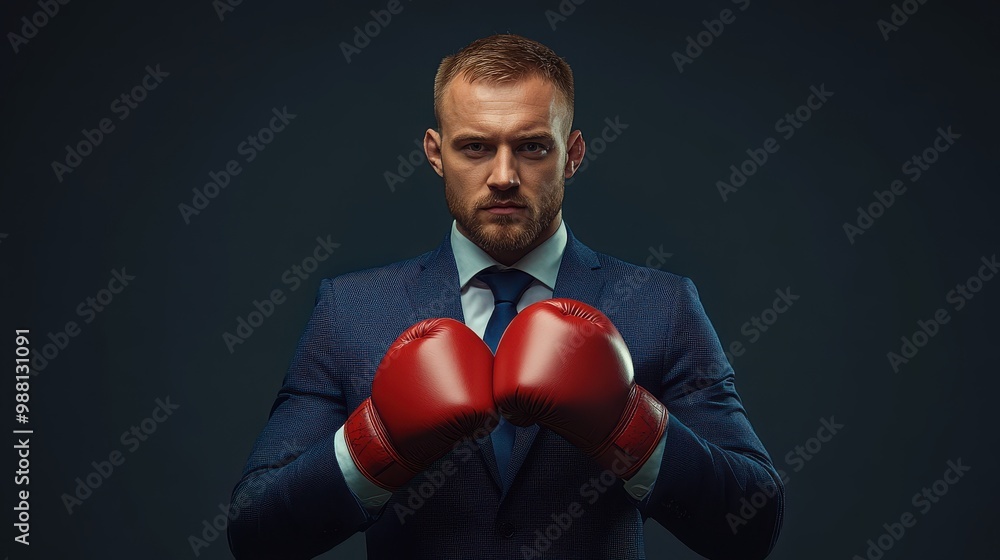 Businessman in Suit Wearing Boxing Gloves. Businessman in Suit Wearing Boxing Gloves.