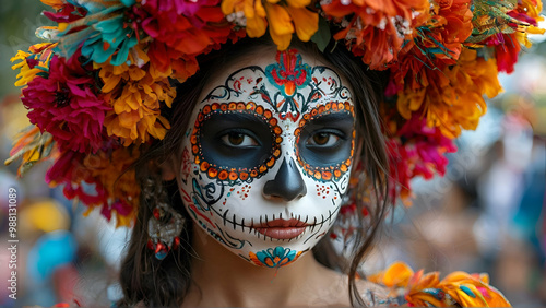 Mexican festival known as Day of the Dead with maxican girl portrait wearing carnival mask 