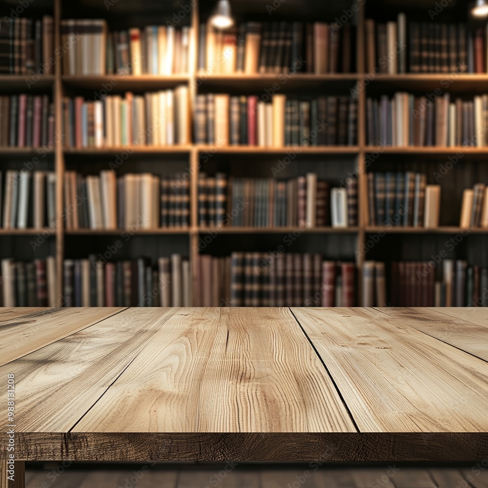 Empty wooden desk space platform with library background for product display montage. Education concept. Empty wooden desk space platform with library background for product display montage. Education concept.