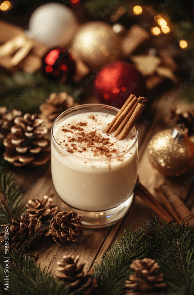 A Glass of Eggnog with Christmas Decorations in the Background A Creamy and Festive Holiday Drink A Glass of Eggnog with Christmas Decorations in the Background A Creamy and Festive Holiday Drink