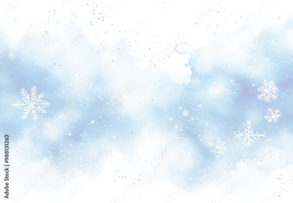 Obraz premium 白い雪の結晶と抽象的な青い水彩画の背景