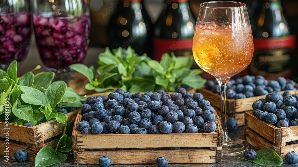 Fresh Blueberries in Wooden Crate with Glass of Sparkling Wine Fresh Blueberries in Wooden Crate with Glass of Sparkling Wine