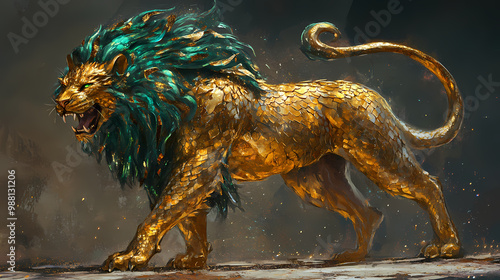 With shimmering mane of gold and emerald, the manticore stands proudly, its lion-like body adorned with sparkling scales and gleaming talons. Manticore. Illustration photo