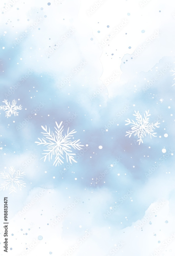 Naklejka premium 白い雪の結晶と抽象的な青い水彩画の背景