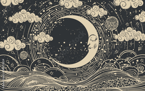 Celestial astrological moon chart with face, vector crescent moon esoteric zodiac poster, horoscope, tarot. Universe creation with clouds, stars and sun.