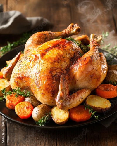 Roasted chicken with vegetables on wooden table