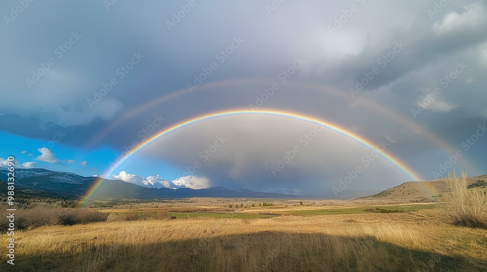 Vibrant Rainbow Arching Across Sky After Rainstorm Vibrant Rainbow Arching Across Sky After Rainstorm