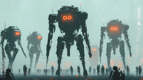 The rises of the robots, an army of robot ready for battle, generative ai. Cyborg Army. Illustration photo