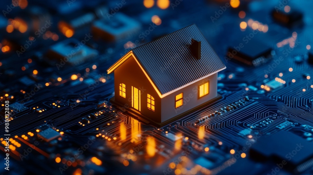 Smart home technology concept with a house on a circuit board, representing the interconnectedness of modern homes, automation, and innovation. Smart home technology concept with a house on a circuit board, representing the interconnectedness of modern homes, automation, and innovation.