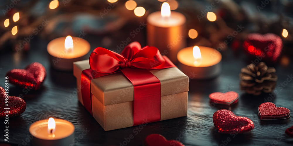 beautifully wrapped Valentines Day gift box with red ribbon sits among glowing candles and heart shaped decorations, creating romantic atmosphere beautifully wrapped Valentines Day gift box with red ribbon sits among glowing candles and heart shaped decorations, creating romantic atmosphere