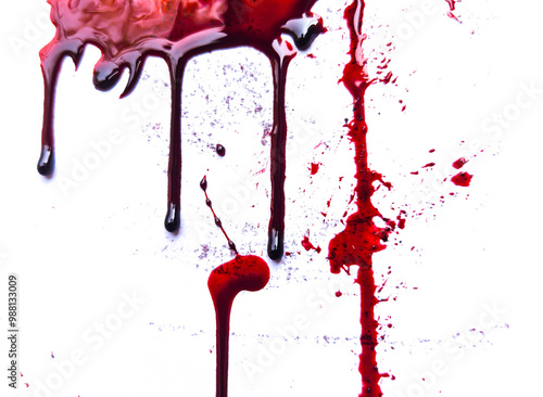 red blood drops on the floor, blood isolated white background, concept of splatter blood, murder bloody, splash, splatter of real bloody .Clipping path, healthcare and medicare.