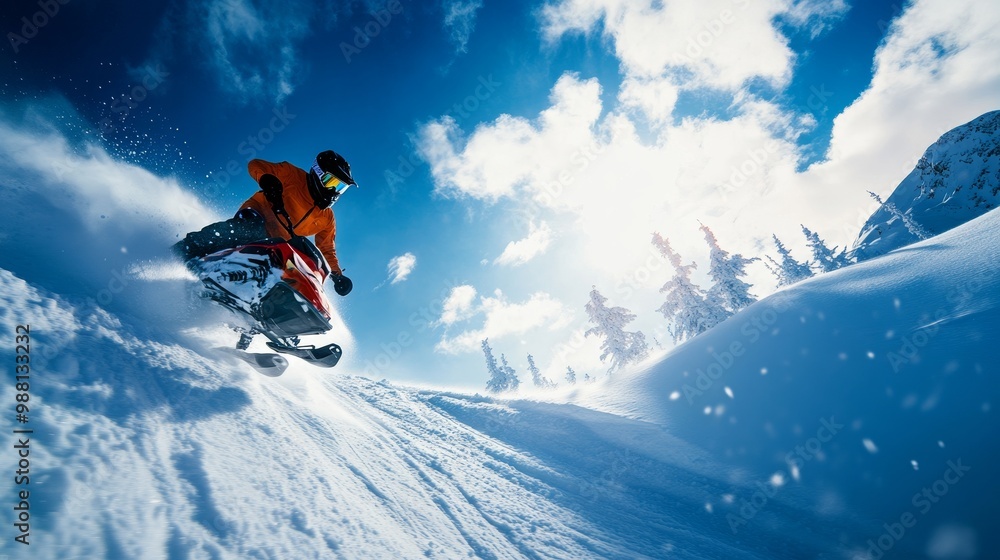A snowmobiler speeds down a snowy mountainside, creating a trail of powder. The rider is clad in bright orange gear, highlighting their speed and the wintery landscape. The sun shines brightly above, A snowmobiler speeds down a snowy mountainside, creating a trail of powder. The rider is clad in bright orange gear, highlighting their speed and the wintery landscape. The sun shines brightly above,