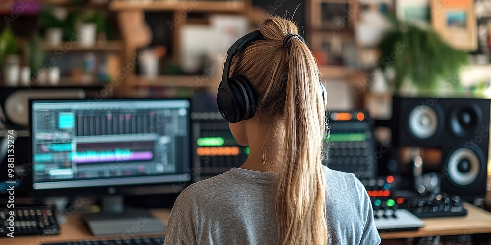 Female music producer in her studio, with headphones and a sequencer in the background Female music producer in her studio, with headphones and a sequencer in the background