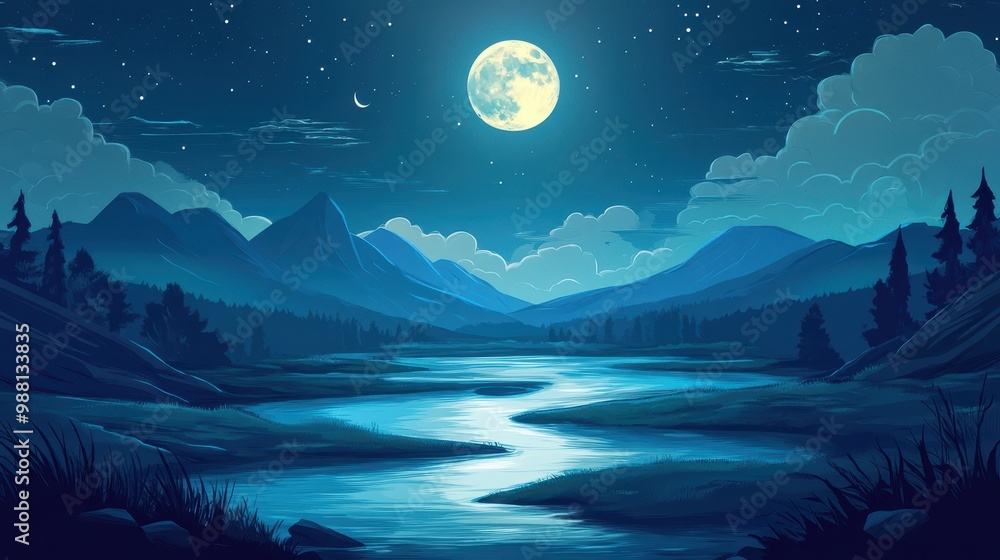 Fototapeta premium Serene Nighttime Landscape with Mountains, River, Full Moon, and Stars.