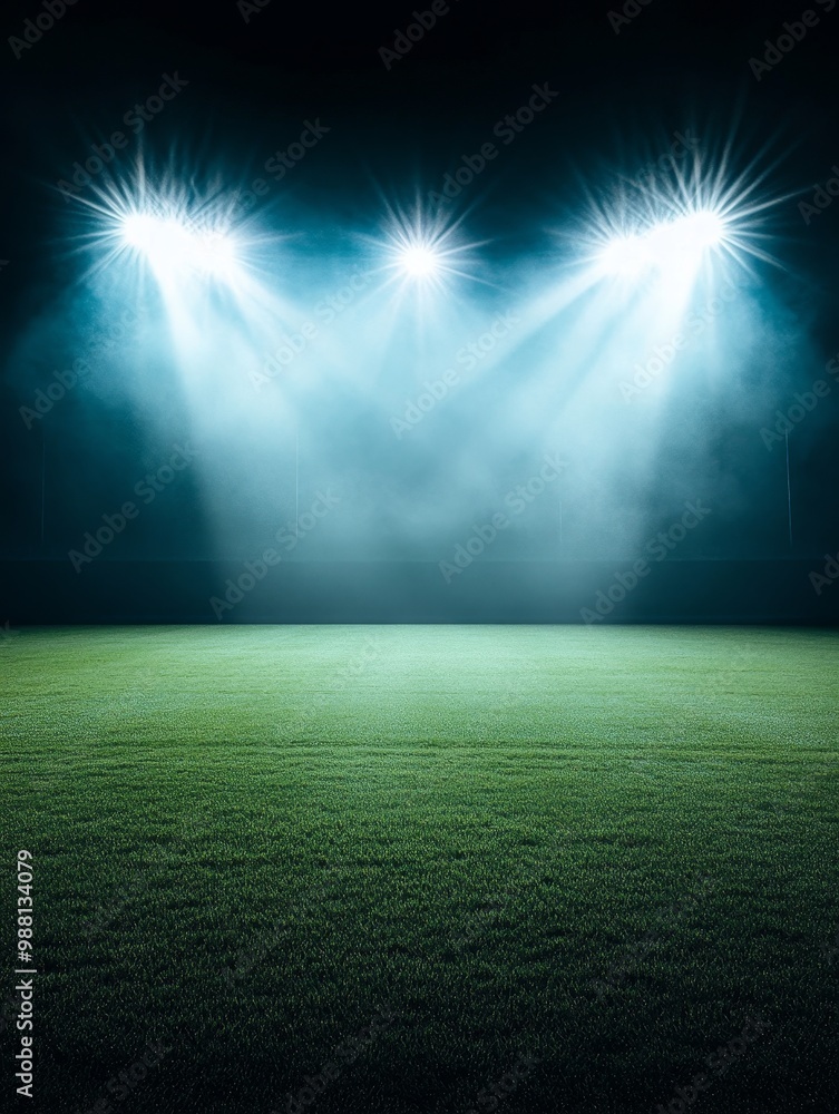 Obraz premium A deserted stadium bathed in the glow of bright spotlights, highlighting the lush green field and the promise of an upcoming event.