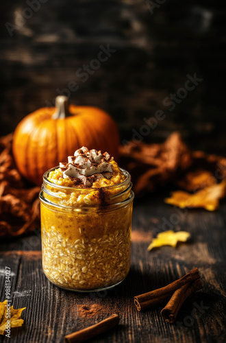 A Jar of Overnight Oats with Pumpkin Puree and Almonds A Seasonal and Healthy Breakfast Option photo