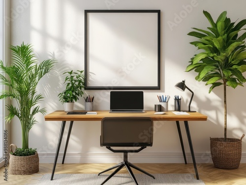 Modern Home Office Desk with Laptop, Plants, and Empty Frame Mockup.